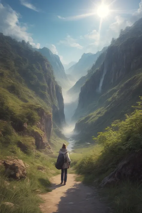 (best quality, masterpiece, photorealistic, elaborate details:1.2), final fantasy style, an anthro wolf is a lone traveler, travelling the verdant valley, tyndall effect, late afternoon, photorealistic anime illustration