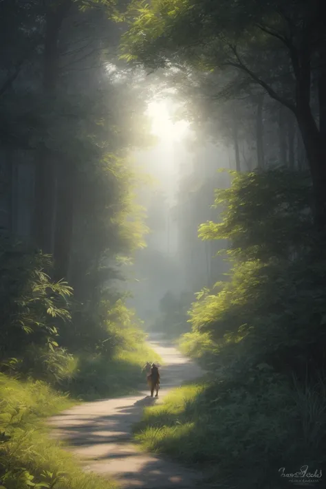 (best quality, masterpiece, photorealistic, elaborate details:1.2), final fantasy style, an anthro wolf is a lone traveler, travelling the verdant valley, tyndall effect, late afternoon, photorealistic anime illustration