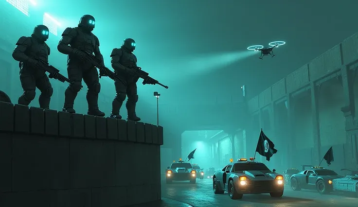 A medium shot captures a group of **cybernetic guards** standing atop the **prison walls**, their glowing **cyan visors** scanning the sea of rebel vehicles below. One guard grips a sleek **plasma rifle**, while another directs a **surveillance drone**, it...