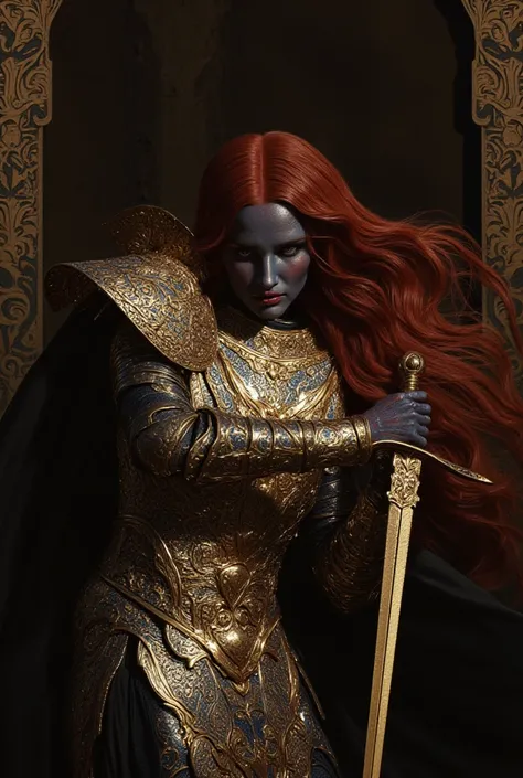 Women,  very pretty and attractive ,  blue skin , long red hair on one side and shaved on the other, He wears plate armor and a long sword,  stunning appearance,  medieval epic fantasy style