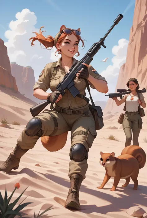 A group of voluptous Squirrel-women holding machine guns while riding a Sand Worm through the desert 