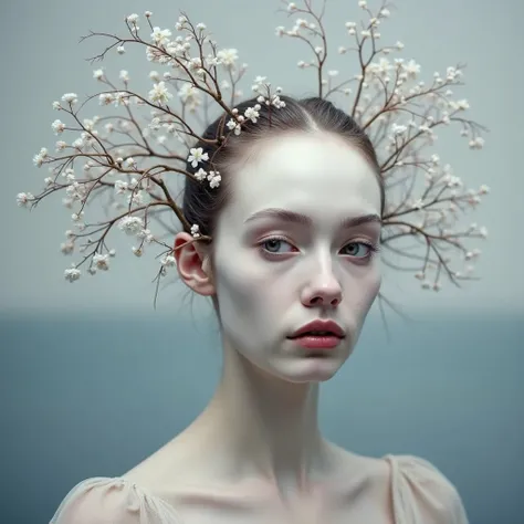  creates a photograph imitating Salvador Dalí-style surrealist painting of a woman with a winter theme, subtle colors, minimalist, Outfits, A painting of an Albina woman with a white face and branch ornaments on her head.  buttocks 4k resolution,  ultra re...