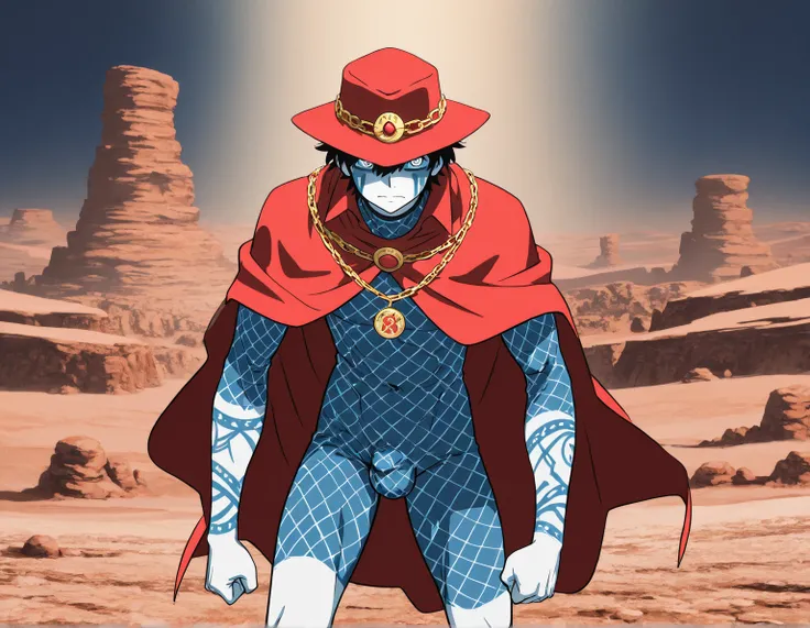 score_9, score_8_up, score_7_up, score_6_up, rating explicit, focus male, source anime,A pale anime or manga character with a red hat adorned with gold chains and multiple black spiral protrusions, The character's face is covered in a blue and white net pa...