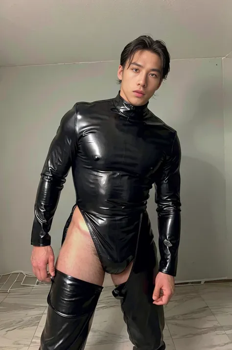 A handsome man wearing a tight black latex suit