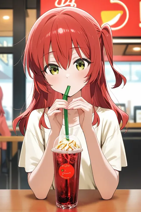 make an illustration of the character Kita Ikuyo from the anime Bocchi The Rock!. she looks beautiful and graceful while drinking soda with a straw at a fastfood restaurant.