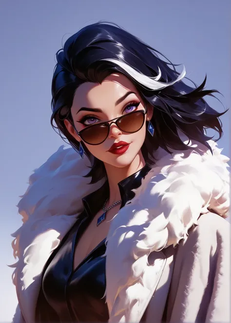 masterpiece, best quality, vector art,dark (theme),manga,thick lines,lineart,1girl,solo,Cruella DeVille (Disney),dark hair,white hair,two tone hair,sunglasses,fur coat,cowboy shot,
