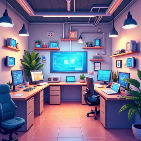 crie uma imagem de fundo ,  as if it were an internal setting of an office where videos about technology are recorded, electrical and home automation, in cartoon or animation format