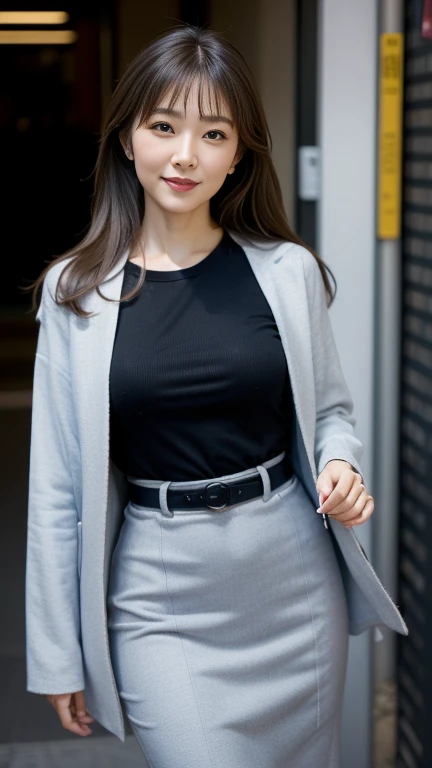 UHD, masterpiece, anatomically correct, textured skin, super detail, best quality, 8k、(45 year old mature woman:1.2)、 Japanese mature 、Brunette straight hair、(very long hair)、company employee、Wear a gray jacket over a black t-shirt、Wearing a tight long ski...