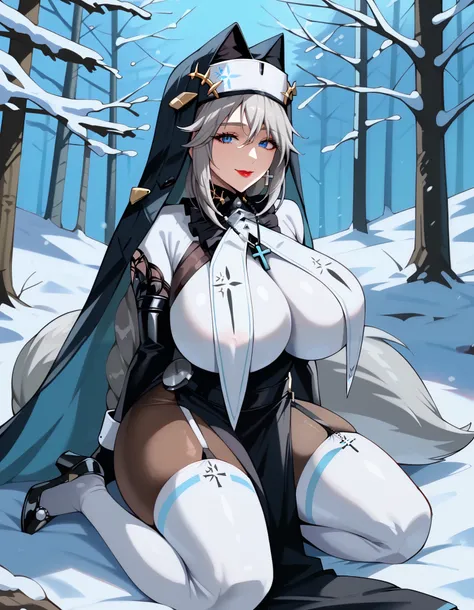 score_9, score_8_up, score_7_up, 1girl, milf, solo, monster girl, ezomori nozomu, (huge breasts:1.5), (((grey hair), very long hair, long sidelocks, blue eyes, bangs, wolf ears, wolf tail)), red lips, ((braid, habit, nun, cross necklace, breast curtains, b...