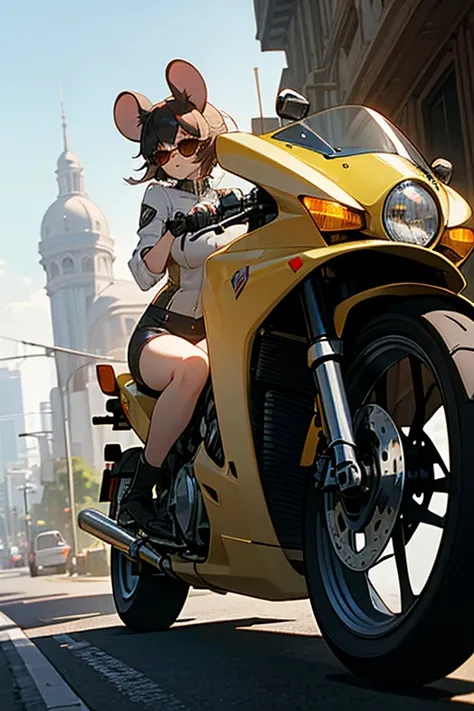  high resolution, White Rat,Personification,Mouse ears ,woman, glamorous,Large Motorcycle, sunglasses 