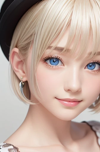 detailed face, cute face, master piece , best quality , woman , bowler hat , bangs , smile , outdoor, Shiny platinum blonde silky super short hair, side locks, beautiful shiny bangs, big clear sky blue eyes, very beautiful light eye highlights,  earrings
