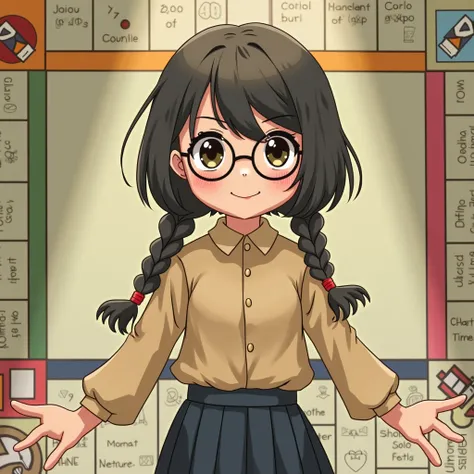 A girl with two braids without bangs, glasses and a uniform of beige shirt and navy blue pants school type monopoly style 