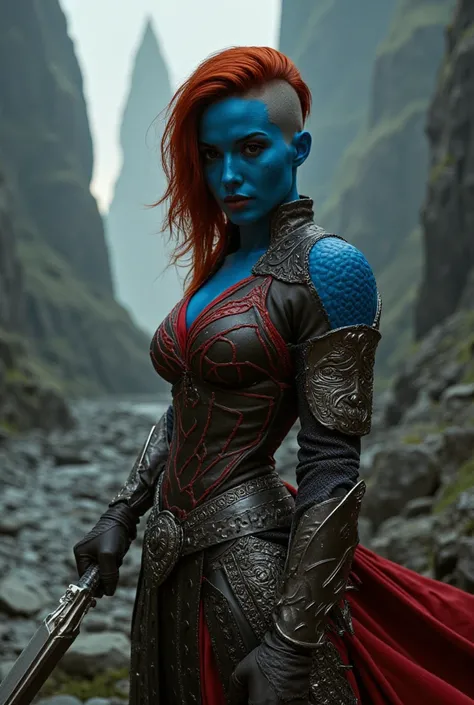 Women, very attractive,  blue skin ,  red hair, long hair on one side and shaved hair on the other, wear leather armor with plates and a long sword,  stunning appearance,  medieval epic fantasy style