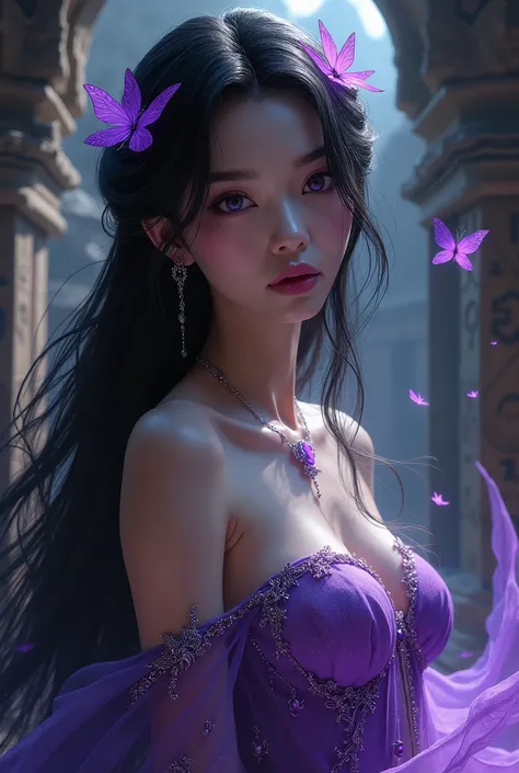 A breathtakingly beautiful dark goddess of Asian descent with flawless porcelain skin that subtly glows with an ethereal radiance. Her deep violet eyes shine with a mesmerizing, otherworldly glow, reflecting the mysteries of the universe. Her facial featur...