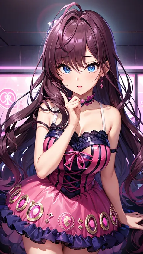  erotic、Ichinose Shiki、Big Breasts、 Shiny Black and Light Blue Sequin Dress、 Pink Love Hotel With Dark Lights 、 pink wall 、Evil grin、despise、 look down、Open your mouth slightly、 Evil Female Executive、adult、Married Woman、slouch、 angle from below、lure