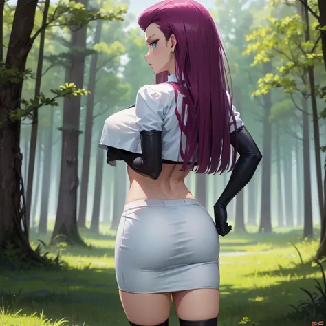 ( body masterpiece), 1 girl, Alone , absurdities, highres, standing, cowboy shot,jessie pokemon,  Hair Styled Back,  long hair, Purple hair,Blue eyes, team rocket ,team rocket uniform , white skirt , crop top, high stockings, elbow gloves , al aire libre, ...