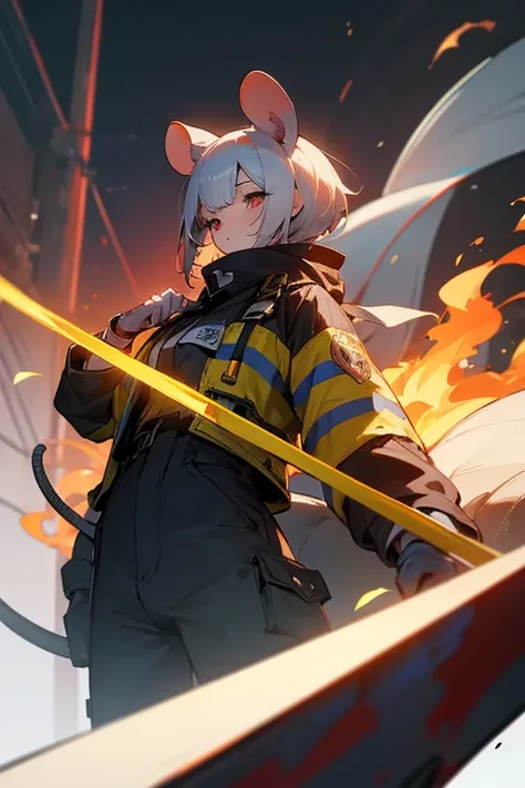  high resolution, White Rat,Personification,Mouse ears ,woman, slender,Firefighter