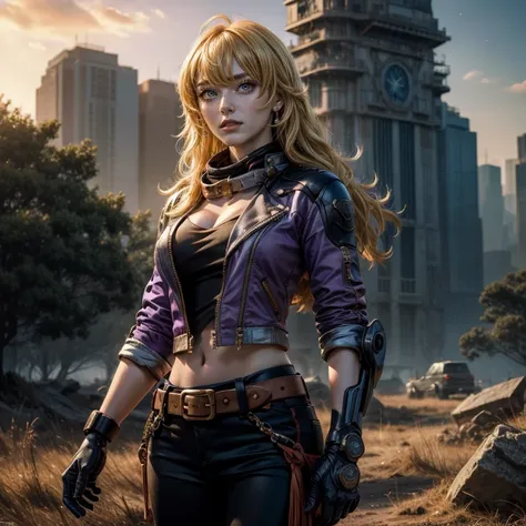 nighttime, stars, yangxiaolong, yang xiao long, long hair, blonde hair, (purple eyes:1.3), ahoge, bangs, BREAK cleavage, jacket, black pants, belt, mechanical arms, single mechanical arm, prosthesis, prosthetic arm, smile, BREAK outdoors, standing in field...