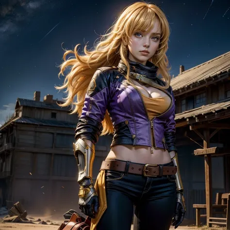 nighttime, stars, yangxiaolong, yang xiao long, long hair, blonde hair, (purple eyes:1.3), ahoge, bangs, BREAK cleavage, jacket, black pants, belt, mechanical arms, single mechanical arm, prosthesis, prosthetic arm, smile, BREAK outdoors, standing in field...