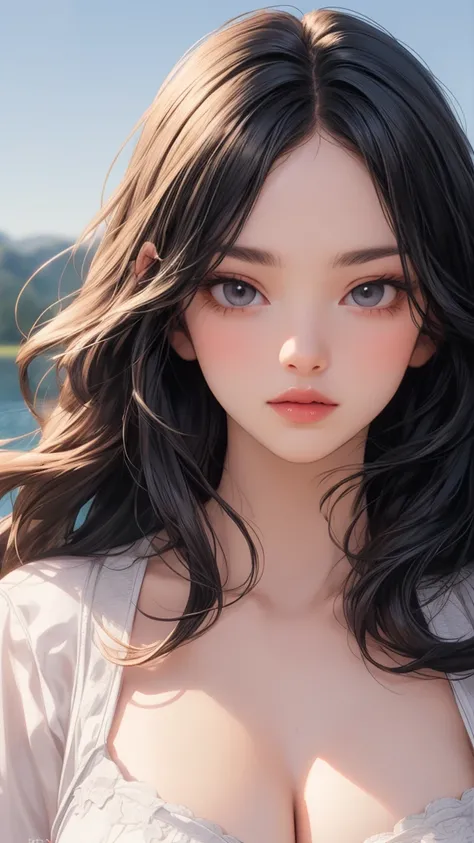 (best quality, masterpiece, photorealistic, elaborate details:1.2), medium shot, photorealistic anime illustration, beautiful woman, evening at the lake, voluminous wavy hair, clean skin, perfect slim fit body, huge breasts