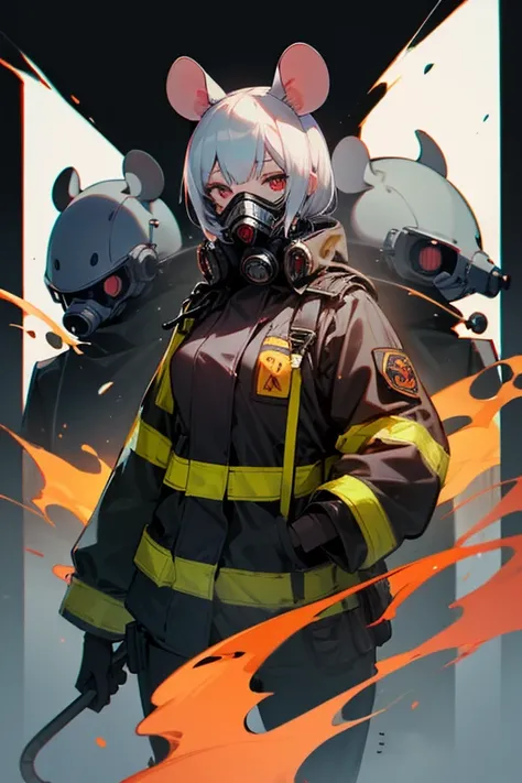  high resolution, White Rat,Personification,Mouse ears ,woman, slender,Firefighter, GAS MASK