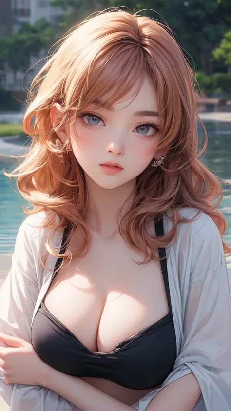 (best quality, masterpiece, photorealistic, elaborate details:1.2), medium shot, photorealistic anime illustration, beautiful woman, evening at the lake, voluminous wavy hair, clean skin, perfect slim fit body, huge breasts