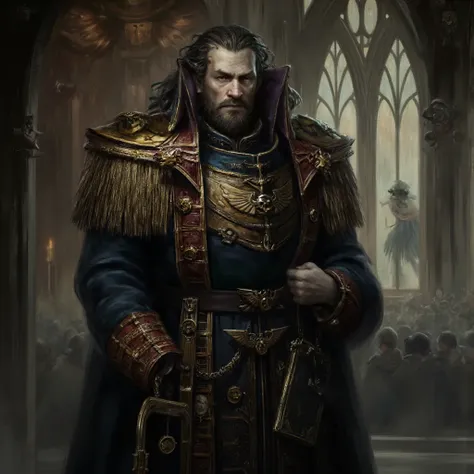 warhammer 40k character, male, dark long hair, noble appearance, long decorated coat, cathedral background, portrait, chest up, side view, commanding presence, beard, heroic,