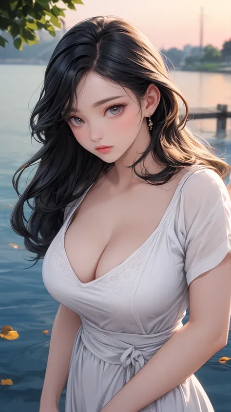 (best quality, masterpiece, photorealistic, elaborate details:1.2), medium shot, photorealistic anime illustration, beautiful woman, evening at the lake, voluminous wavy hair, clean skin, perfect slim fit body, huge breasts