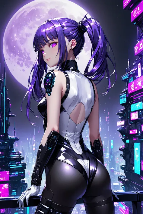  top quality、masterpiece、 ultra high definition cyberpunk background 、The full moon shines、（Shooting Resolution ：1.4）、 ultra high definition movie seen from behind 、Turning Pose、 butt close-up 、 black tights、The girl is 20 years old 、 white opera gloves hi...