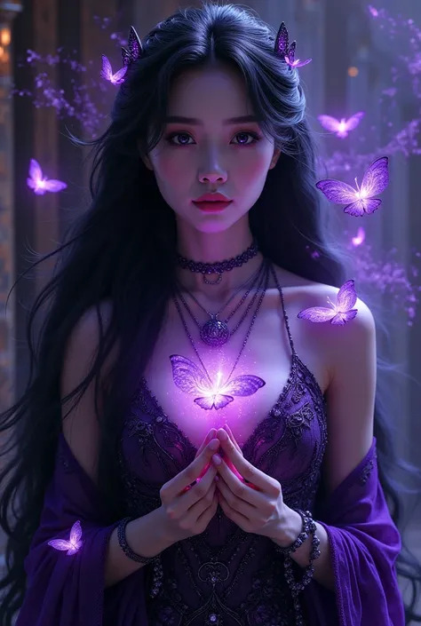 A breathtakingly beautiful dark goddess of Asian descent with flawless porcelain skin that subtly glows with an ethereal radiance. Her deep violet eyes shine with a mesmerizing, otherworldly glow, reflecting the mysteries of the universe. Her facial featur...