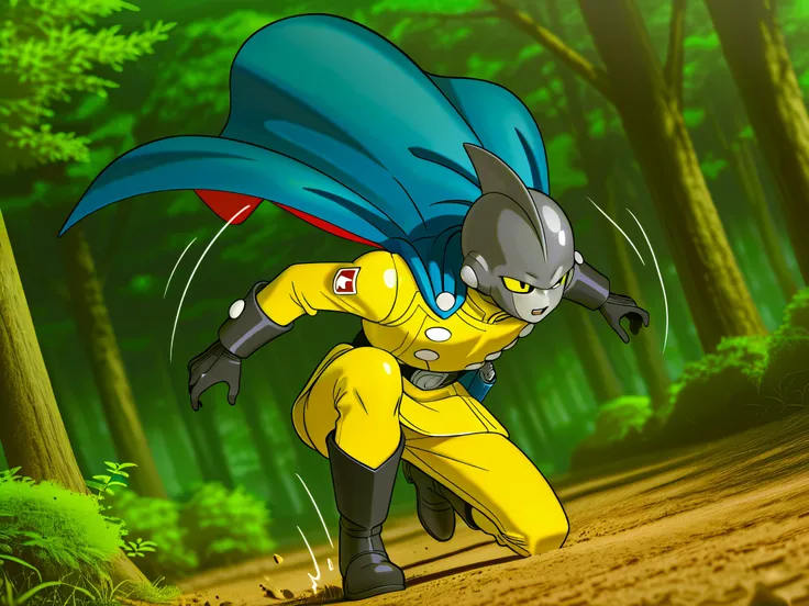 (Gamma2: gamma 2, 1boy, grey skin, yellow sclera, black eyes, shark fins), (yellow jacket, yellow pants, blue cape, blue print, black belt, black gloves, black boots, red ribbon shoulder patch)\. BREAK \ (dramatic angle, action view, motion lines), forest,...