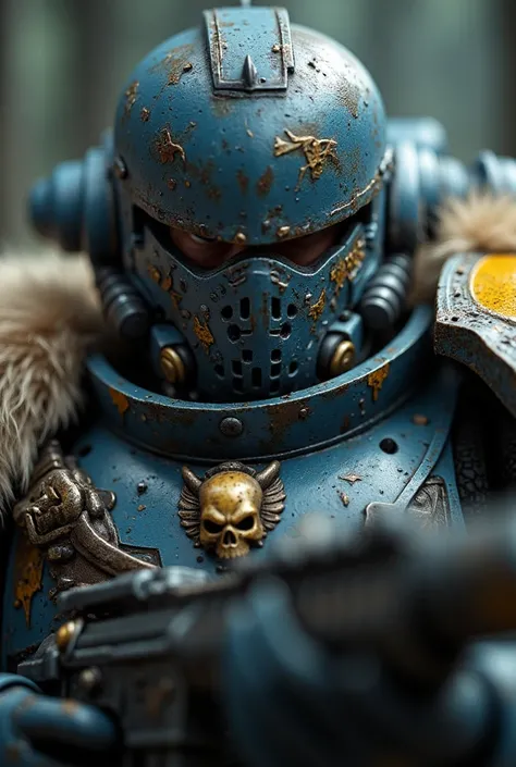 cinematic film still, close up, SpaceW40K holding a rifle, clad in power armor with fur on shoulders. with rich, vibrant colors and meticulous textures for his power armor and helmet, vignette, highly detailed, bokeh, moody, epic, film grain, grainy  