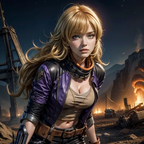 nighttime, stars, yangxiaolong, yang xiao long, long hair, blonde hair, (purple eyes:1.3), ahoge, bangs, BREAK cleavage, jacket, black pants, belt, mechanical arms, single mechanical arm, prosthesis, prosthetic arm, smile, BREAK outdoors, standing in field...