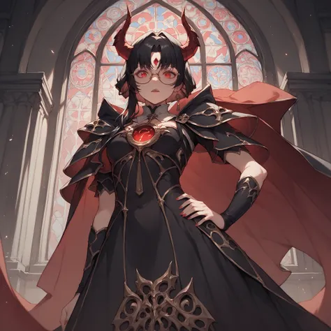 (score_9, score_8_up, score_7_up), 1girl black hair, red eyes, bangs, circle eyeglasses, armored dress, demon horn, vampire cloak, dark power, church background, indoor, cowboy shot, hand on own hip, 