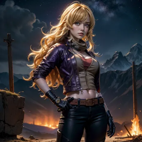 nighttime, stars, yangxiaolong, yang xiao long, long hair, blonde hair, (purple eyes:1.3), ahoge, bangs, BREAK cleavage, jacket, black pants, belt, mechanical arms, single mechanical arm, prosthesis, prosthetic arm, hand on hip, smile, BREAK outdoors, stan...