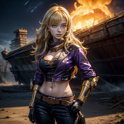 nighttime, stars, yangxiaolong, yang xiao long, long hair, blonde hair, (purple eyes:1.3), ahoge, bangs, BREAK cleavage, jacket, black pants, belt, mechanical arms, single mechanical arm, prosthesis, prosthetic arm, hand on hip, smile, BREAK outdoors, stan...