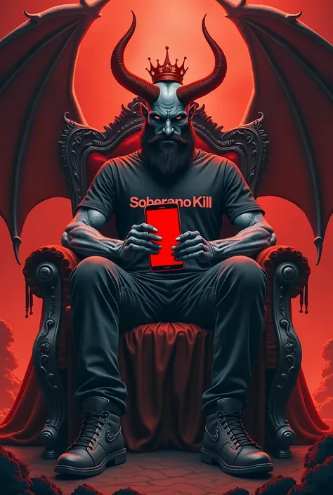 Create an angrily looking hellboy with a full beard but not so much sitting on a throne with a red crown on his head, On the t-shirt near the chest written (SoberanoKill ) And with a cell phone in hand with a screen facing forward. The bottom would be hell...