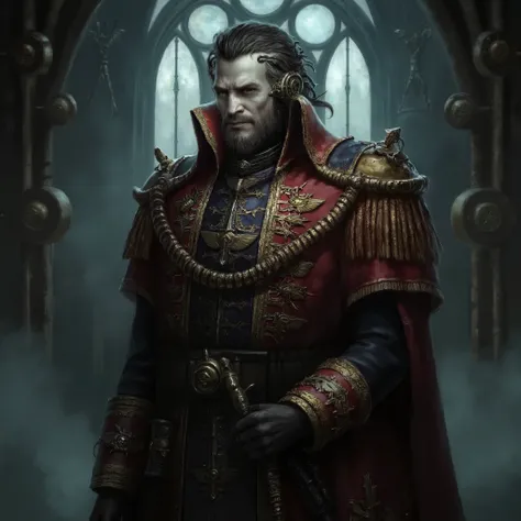 warhammer 40k character, male, dark long hair, noble appearance, long decorated coat, cathedral background, portrait, chest up, side view, commanding presence, beard, heroic,