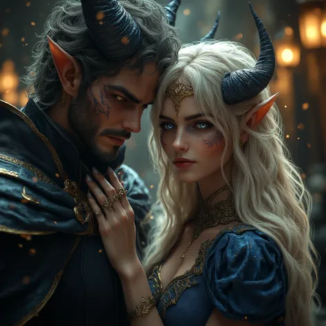 Evil warlock and good witch in love. He gently lifts her head with his finger under her chin. their magic intertwines around them.

He is: very tall, strong, athletic, very handsome, masculine from head to toe, strong jaw, black-grey hair and facial hair, ...