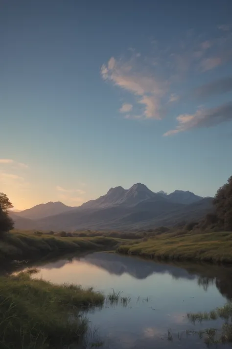 (best quality, masterpiece, photorealistic, elaborate details:1.2), A beautiful early morning landscape with a tranquil, crystal-clear lake reflecting the blue sky. In the foreground, a person close to the camera approaching the lake before sunrise, with a...