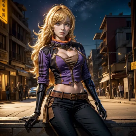 nighttime, stars, yangxiaolong, yang xiao long, long hair, blonde hair, (purple eyes:1.3), ahoge, bangs, BREAK cleavage, jacket, black pants, belt, mechanical arms, single mechanical arm, prosthesis, prosthetic arm, smile, BREAK outdoors, sitting in post a...