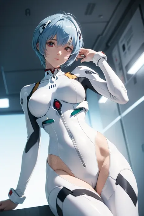 (masterpiece,  best quality,  more details, 8k,  wallpaper,  photorealistic), (( perfect hand)), (( perfect anatomy)),  moderate chest opening , Long, round legs, round ass, (( charming anime girl)), ((Rei Ayanami)), ((Capturing the subtle beauty of her wh...