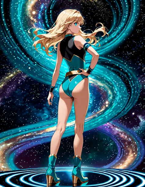 Beautiful and blond, teal blue eyes, waist-length hair, sleeveless, high leg leotard, teal blue leotard with black top, high-waisted gold belt, bare legs, matching wrist bands, hand on hip, teal blue ankle boots, standing, space background, time warp, (rea...