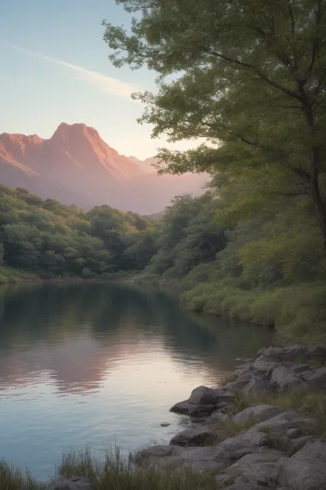 (best quality, masterpiece, photorealistic, elaborate details:1.2), A beautiful early morning landscape with a tranquil, crystal-clear lake reflecting the blue sky. In the foreground, a person close to the camera approaching the lake before sunrise, with a...