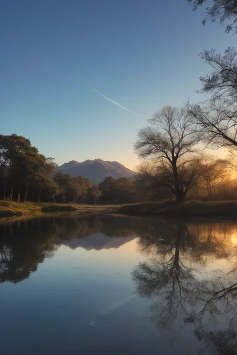 (best quality, masterpiece, photorealistic, elaborate details:1.2), A beautiful early morning landscape with a tranquil, crystal-clear lake reflecting the blue sky. In the foreground, a person close to the camera approaching the lake before sunrise, with a...