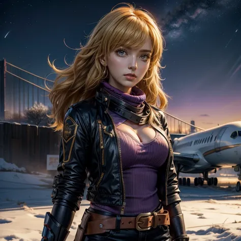 nighttime, stars, yangxiaolong, yang xiao long, long hair, blonde hair, (purple eyes:1.3), ahoge, bangs, BREAK cleavage, jacket, black pants, belt, mechanical arms, single mechanical arm, prosthesis, prosthetic arm, smile, BREAK outdoors, standing in field...