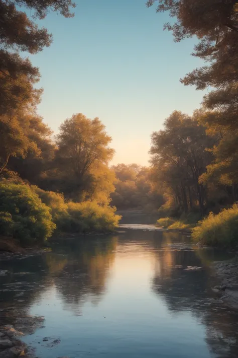 (best quality, masterpiece, photorealistic, elaborate details:1.2), A beautiful early morning landscape with a tranquil, crystal-clear lake reflecting the blue sky. In the foreground, a person close to the camera approaching the lake before sunrise, with a...