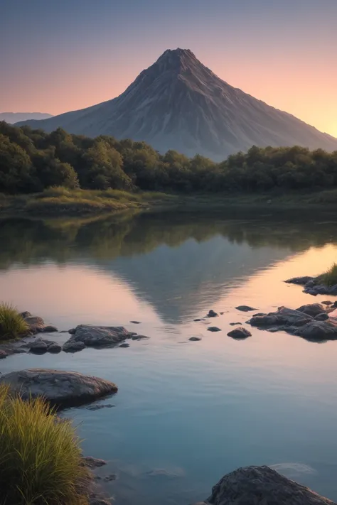 (best quality, masterpiece, photorealistic, elaborate details:1.2), A beautiful early morning landscape with a tranquil, crystal-clear lake reflecting the blue sky. In the foreground, a person close to the camera approaching the lake before sunrise, with a...