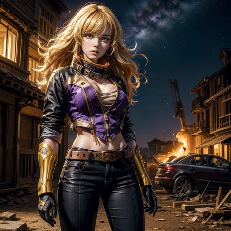 nighttime, stars, yangxiaolong, yang xiao long, long hair, blonde hair, (purple eyes:1.3), ahoge, bangs, BREAK cleavage, jacket, black pants, belt, mechanical arms, single mechanical arm, prosthesis, prosthetic arm, smile, BREAK outdoors, standing in field...