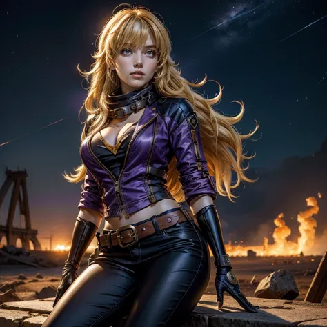 nighttime, stars, yangxiaolong, yang xiao long, long hair, blonde hair, (purple eyes:1.3), ahoge, bangs, BREAK cleavage, jacket, black pants, belt, mechanical arms, single mechanical arm, prosthesis, prosthetic arm, smile, BREAK outdoors, sitting in field,...